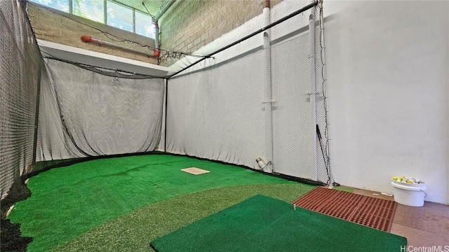 exterior space with golf simulator and carpet floors