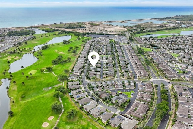 aerial view featuring a water view, a residential view, and golf course view