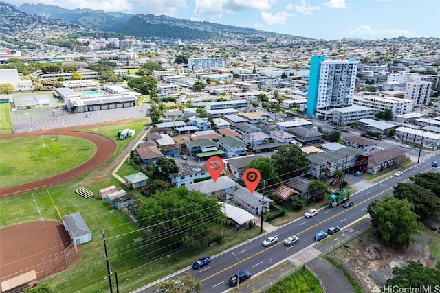 aerial view with a mountain view and a city view