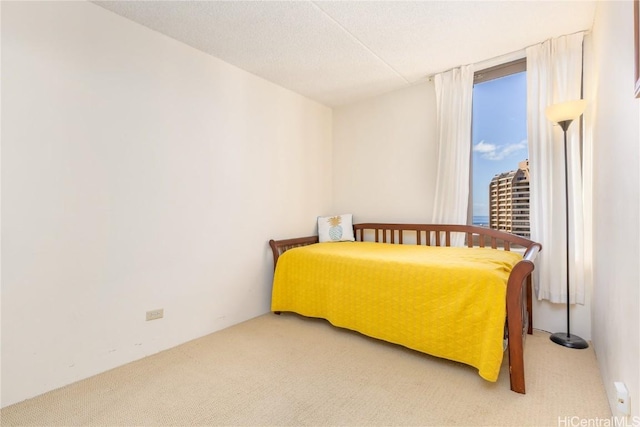 bedroom featuring a textured ceiling and carpet flooring