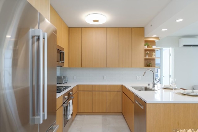 kitchen featuring stainless steel appliances, sink, light brown cabinetry, and decorative backsplash