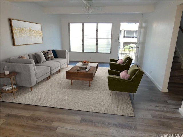 living room with ceiling fan and hardwood / wood-style floors