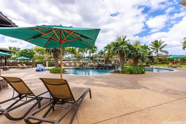 community pool with a patio area