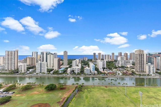 drone / aerial view with a water view