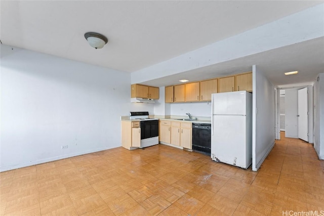 kitchen with white appliances, light parquet flooring, sink, and light brown cabinets