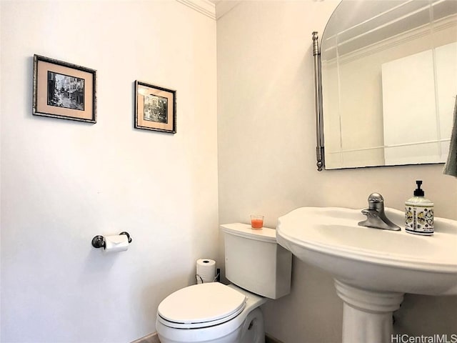 bathroom featuring ornamental molding and toilet