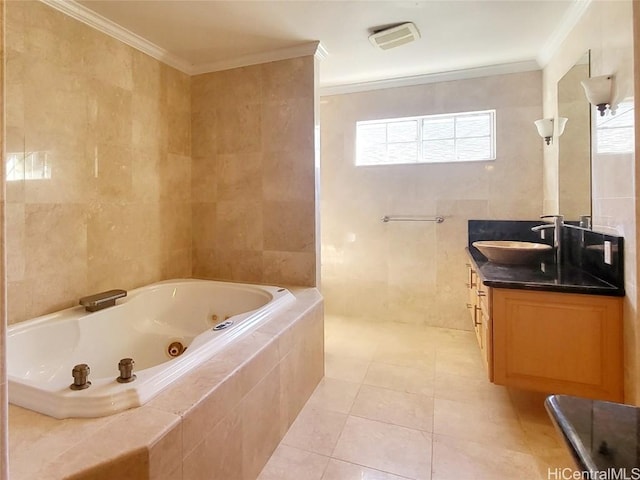 bathroom featuring ornamental molding, tiled bath, tile patterned flooring, and tile walls