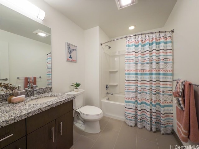 full bathroom with shower / bathtub combination with curtain, vanity, toilet, and tile patterned flooring