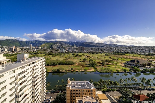 exterior space featuring a water and mountain view