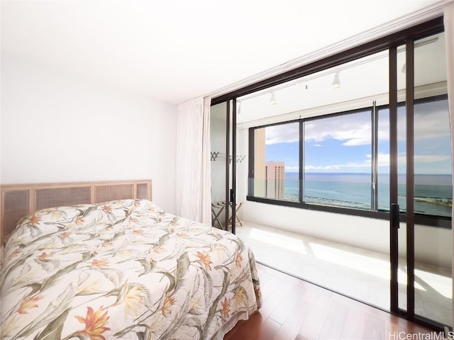 bedroom featuring hardwood / wood-style flooring, a water view, track lighting, and access to exterior