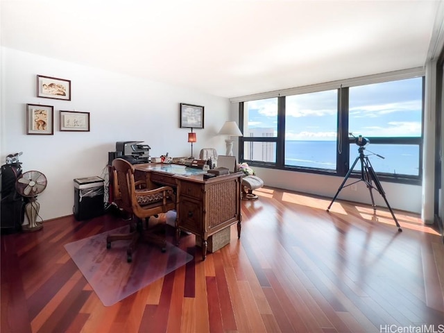 office with hardwood / wood-style flooring and a water view