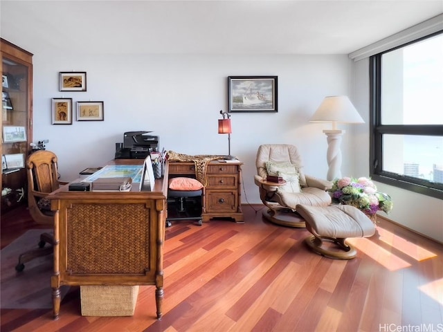 home office with hardwood / wood-style flooring