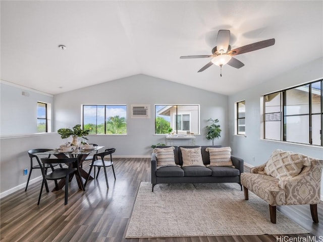 living room featuring lofted ceiling, dark hardwood / wood-style floors, and ceiling fan