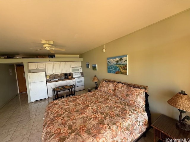 tiled bedroom with ceiling fan and white fridge