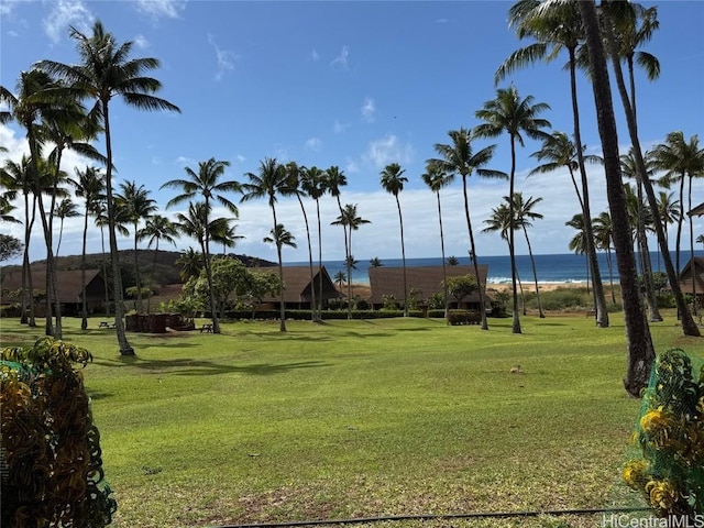 view of community with a water view and a yard