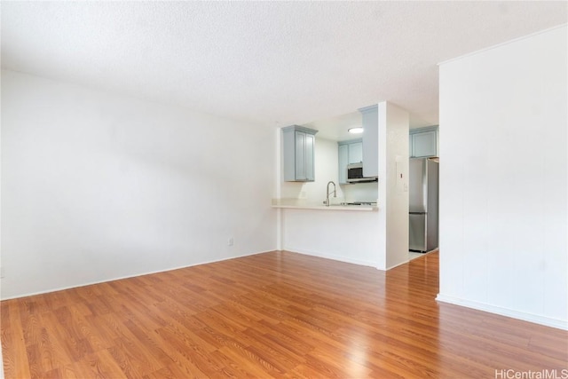 unfurnished living room featuring sink and light hardwood / wood-style floors