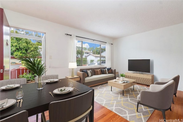 living room with hardwood / wood-style flooring and a textured ceiling