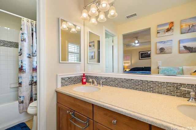 full bathroom with toilet, shower / tub combo, vanity, ceiling fan, and decorative backsplash