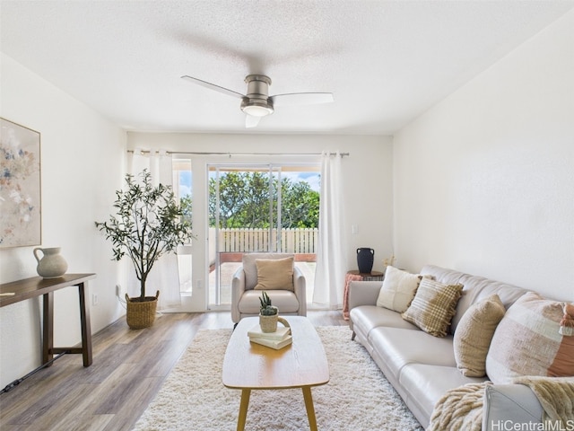 living room featuring a ceiling fan, wood finished floors, and a textured ceiling