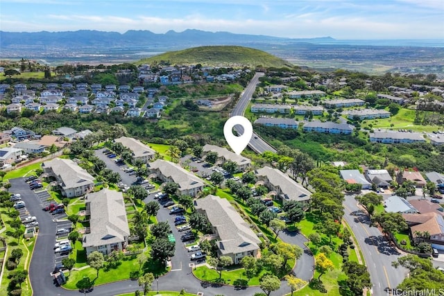 drone / aerial view featuring a mountain view and a residential view