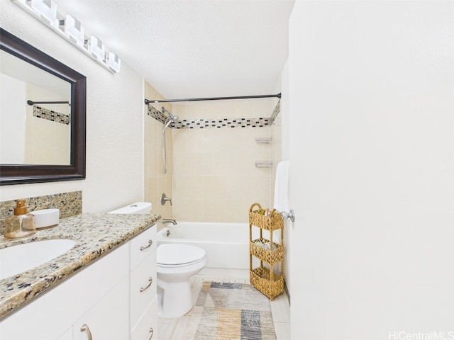 full bath with shower / bathtub combination, a textured ceiling, vanity, and toilet