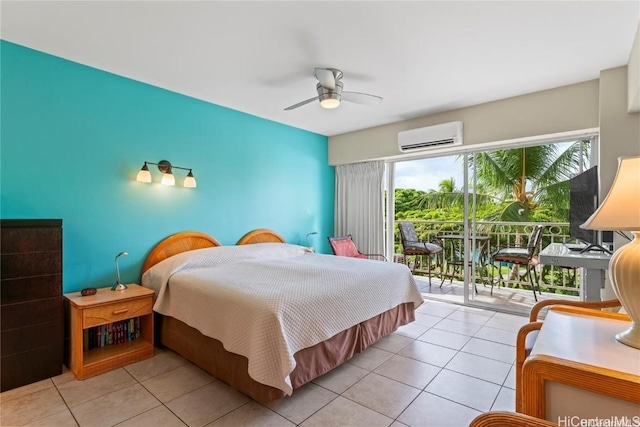 bedroom featuring a wall mounted AC, access to exterior, ceiling fan, and light tile patterned floors