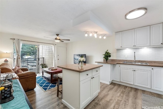 kitchen featuring sink, decorative backsplash, light hardwood / wood-style floors, and white cabinets