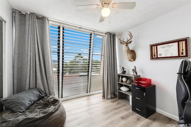 interior space featuring ceiling fan, a textured ceiling, and light wood-type flooring