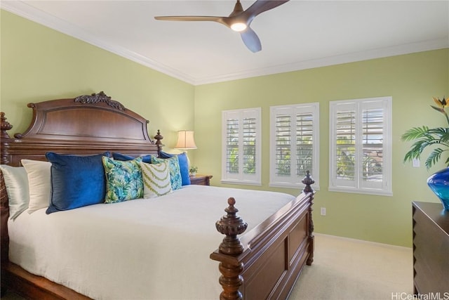 bedroom featuring ceiling fan, ornamental molding, and light carpet