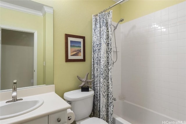 full bathroom with shower / bath combination with curtain, ornamental molding, toilet, and vanity