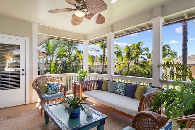 92-1110 Olani St Unit 20-6, Kapolei, HI 96707 - sunroom featuring an outdoor hangout area, a ceiling fan, and a deck