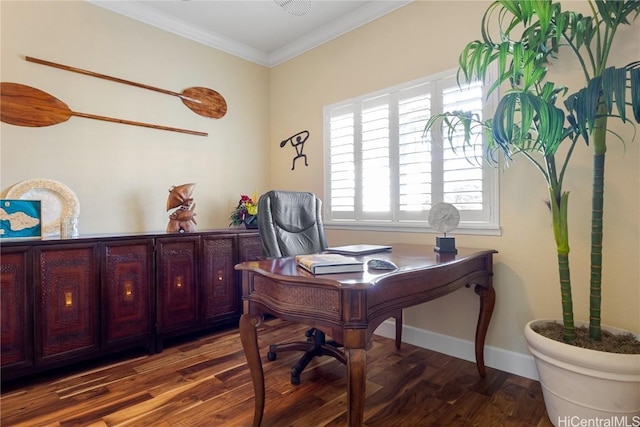 office area featuring crown molding and dark wood-type flooring