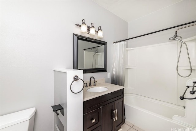 full bathroom featuring shower / bath combo, vanity, tile patterned floors, and toilet