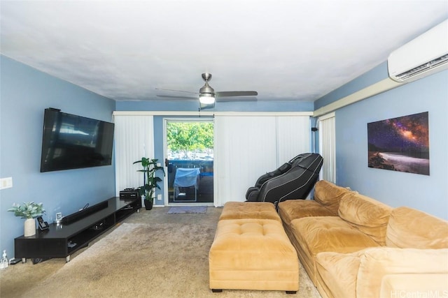 carpeted living room with an AC wall unit and ceiling fan