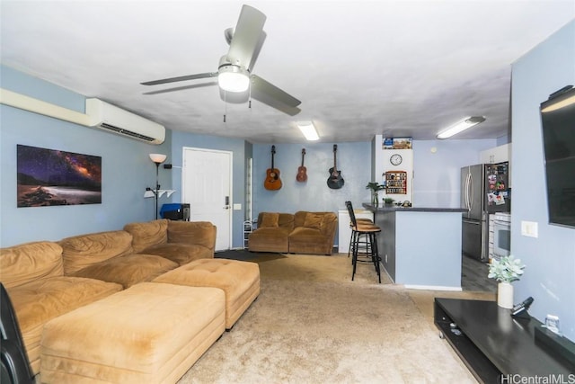 living room with a wall mounted air conditioner and ceiling fan