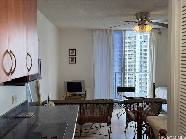 dining space featuring ceiling fan, expansive windows, a textured ceiling, and wood finished floors