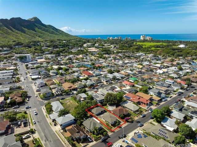 bird's eye view featuring a water and mountain view