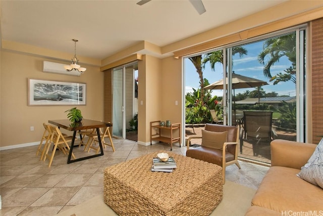 sunroom / solarium with ceiling fan with notable chandelier