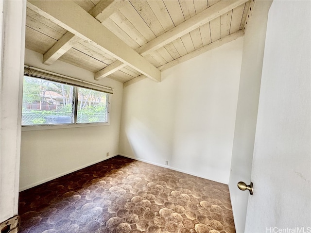 spare room with wooden ceiling and beam ceiling