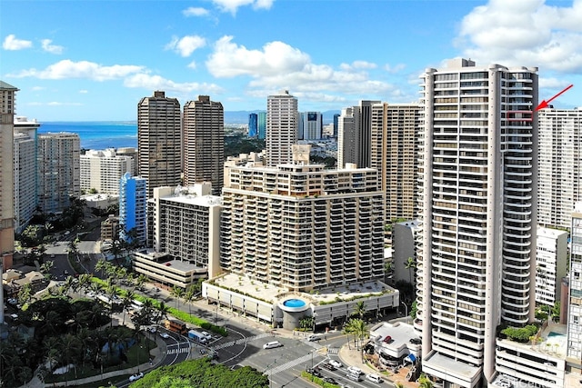 property's view of city featuring a water view