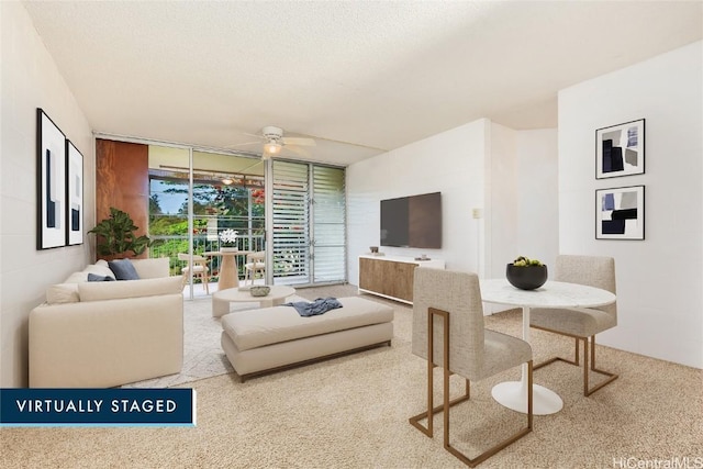 carpeted living room with ceiling fan, floor to ceiling windows, and a textured ceiling