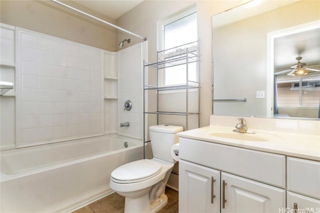 full bathroom featuring bathtub / shower combination, tile patterned flooring, vanity, ceiling fan, and toilet