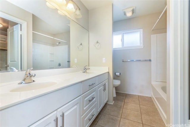 full bathroom with vanity, tile patterned floors, shower / bathtub combination, and toilet