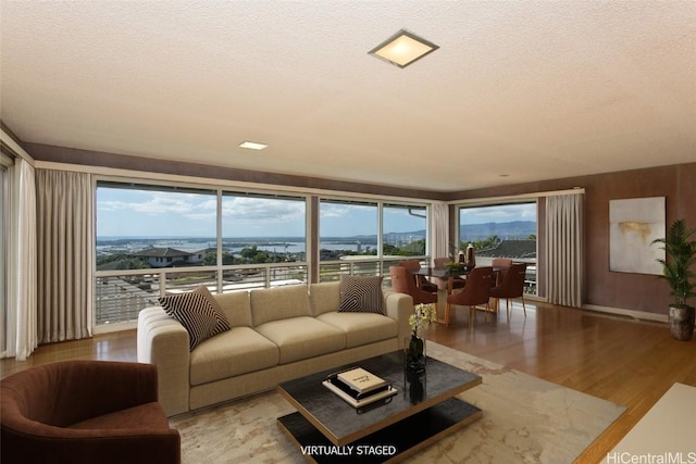 living room featuring wood-type flooring and a textured ceiling