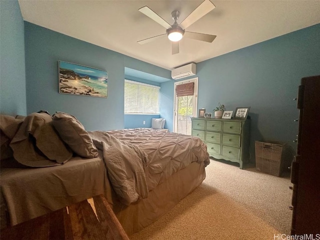 bedroom with light carpet, a wall mounted AC, and ceiling fan