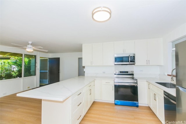 kitchen with sink, white cabinetry, light wood-type flooring, appliances with stainless steel finishes, and kitchen peninsula