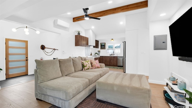 living room featuring vaulted ceiling with beams, a wall mounted AC, electric panel, and ceiling fan