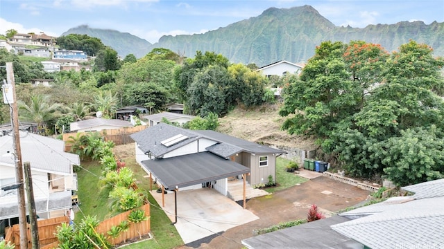 drone / aerial view featuring a mountain view