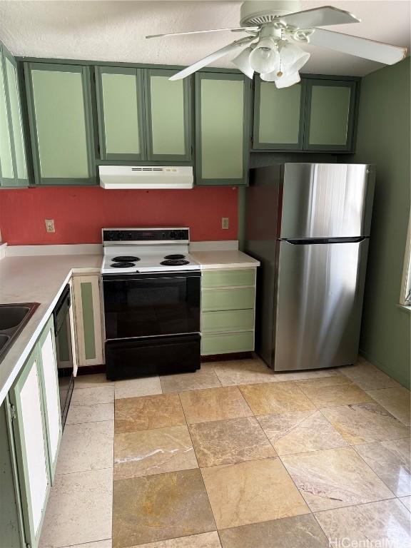 kitchen with light countertops, electric range, green cabinets, freestanding refrigerator, and under cabinet range hood