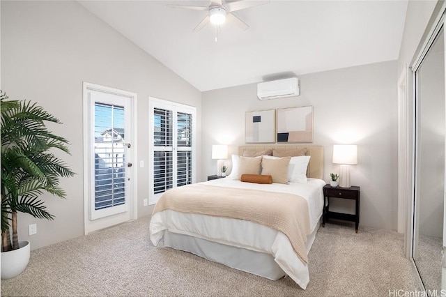 carpeted bedroom with a wall mounted air conditioner, lofted ceiling, access to exterior, ceiling fan, and a closet